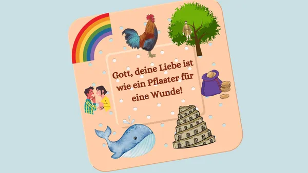 Pflaster mit Regenbogen, Hahn, Wal, Baum etc.
