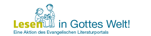 Logo und Schriftzug in grün und blau mit zwei Kindern mit Geschenk