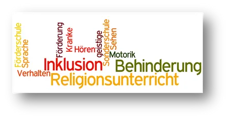 bunte Wortwolke, Inklusion, Religionsunterricht, Behinderung