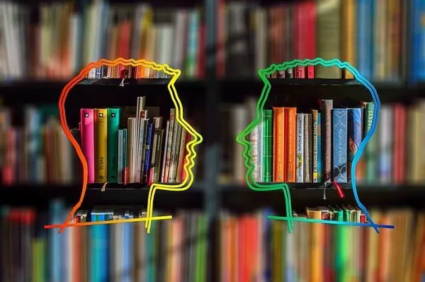 Quelle: pixabay.com Dialog, Silhouette vor einem Bücherregal