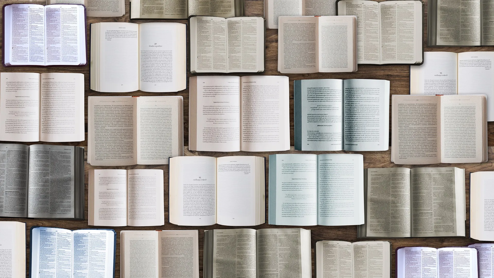 viele geöffnete Bibeln nebeneinander