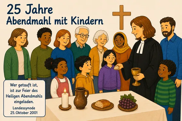 Pfarrerin, Erwachsene und Kinder um einen gedeckten Tisch. Auf dem Tisch steht eine Kerze, ein Kelch, Brot und Trauben