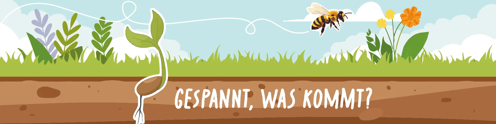 Grafik eines Samens, der aus der Erde wächst mit Biene