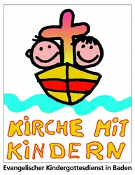 Zwei Kinder, Kreuz, Schiff, Wasserwelle, Text: Kirche mit Kindern