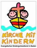 Schiff, Kreuz, 2 Kinder, Wasserwelle, Text: Kirche mit Kindern
