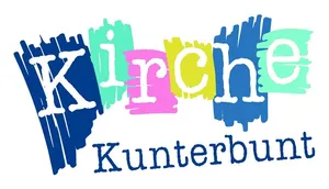 buntes Logo Schriftzug Kirche kunterbunt, blau, grün, rosa, gelb