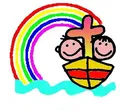 bunter Regenbogen, Wasserwelle, Schiff mit Kreuz und zwei Kindern