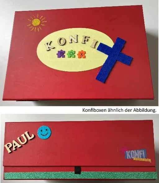 Quelle: Ekkehard Stier / RPI Baden Faltbox rot mit Aufschrift Konfi-Box und blauem Kreuz