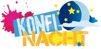 KonfNacht in blaugelber Schrift mit Halbmond und Sternen auf rotem Farbklecks